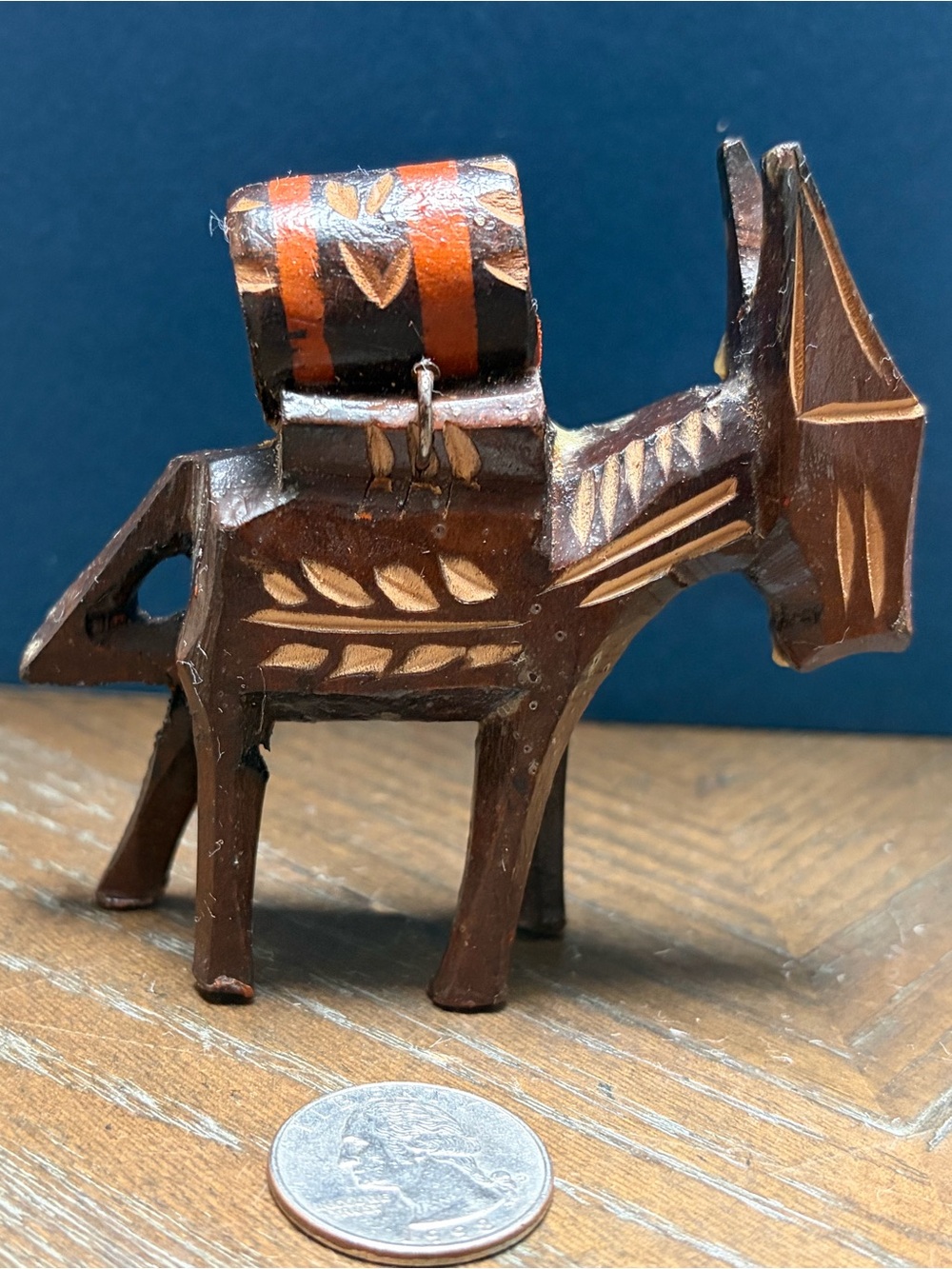 Vintage Hand Carved Wooden Horse Mule Figurine Folk Art Saddle Pack Animal